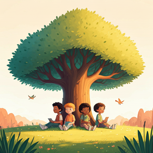 Whimsical illustration of children under a tree